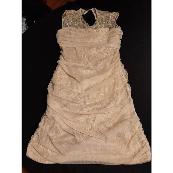 Large bebe Cream Ivory Lace Ruch Mini Dress Sleeveless Prom Wedding Party Dress - Picture 1 of 6